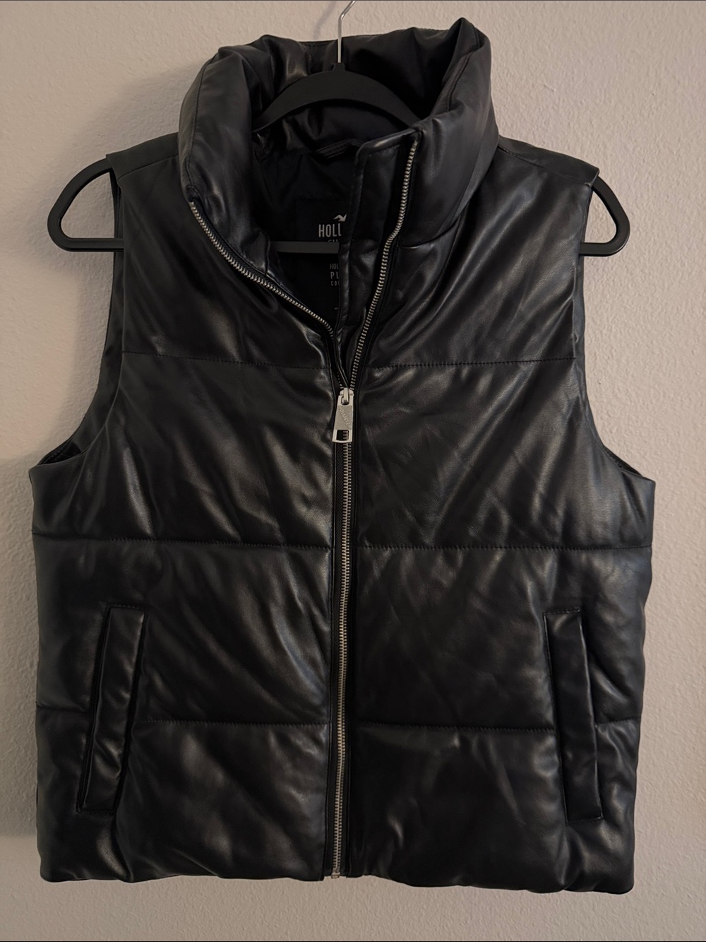 Hollister Black Faux-Leather Puffer Vest with High Collar